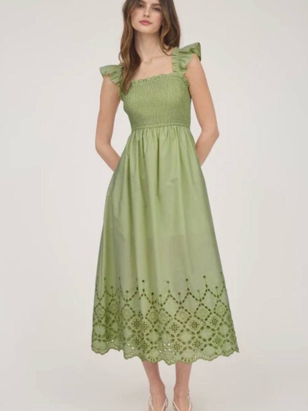 Blu Pepper Pale Yellow Smocked Maxi Dress with Eyelet Hem